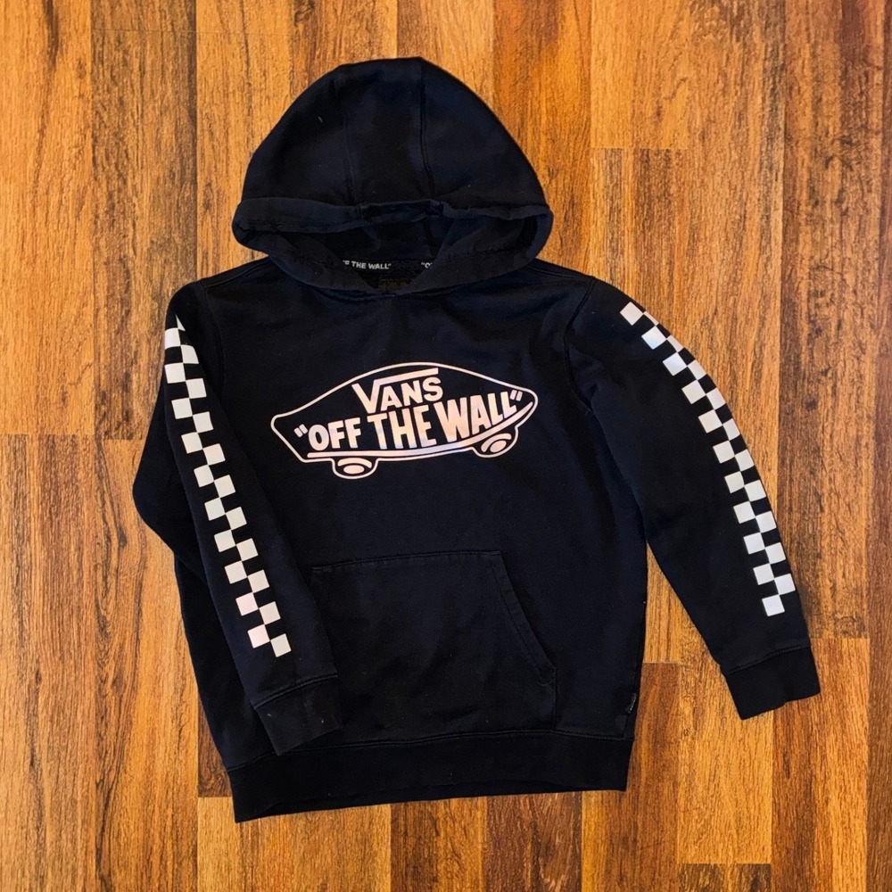 Vans Off The Wall Boys Hoodie Black Checkerboard Sleeve Logo Sweatshirt Medium